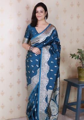 Teal Blue Woven Silk Saree Set