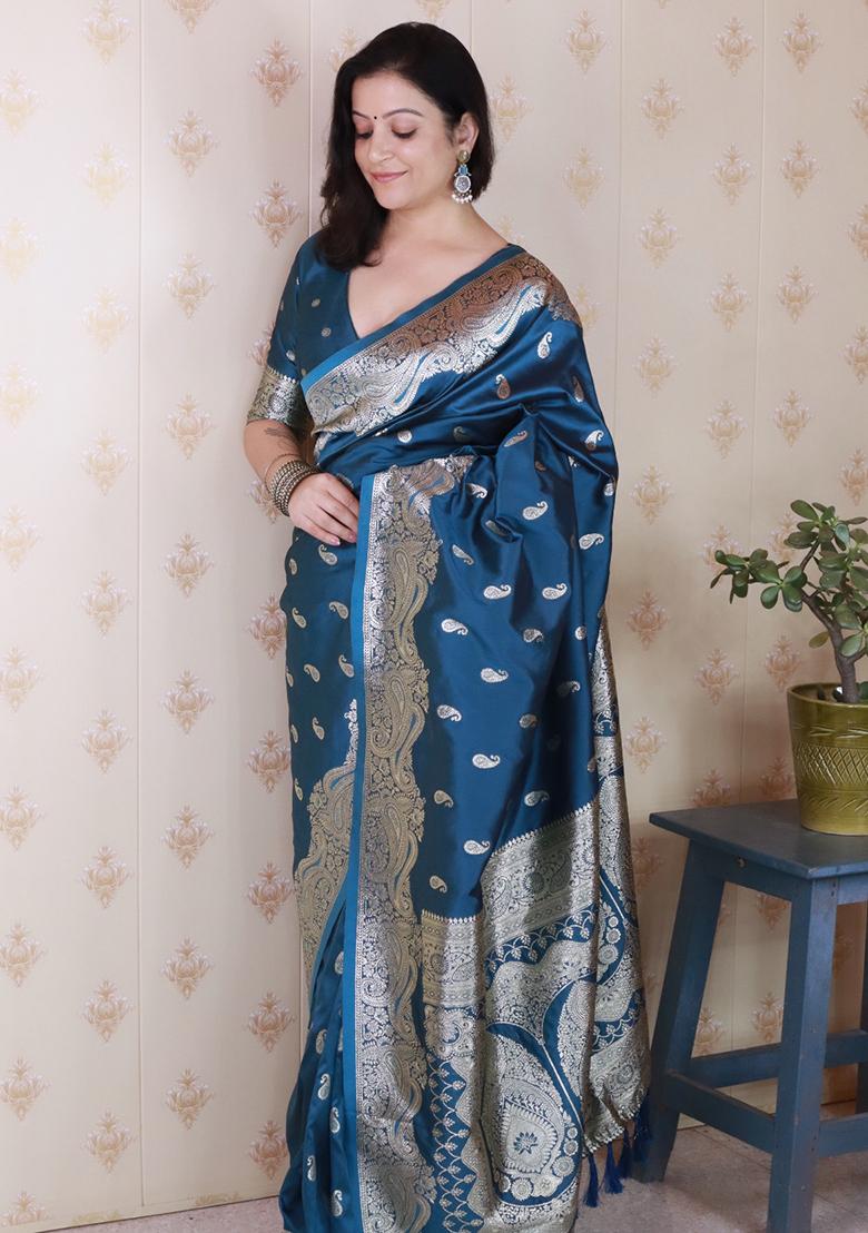 Teal Blue Woven Silk Saree Set - Indya