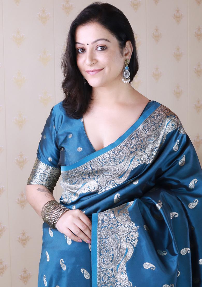 Teal Blue Woven Silk Saree Set - Indya