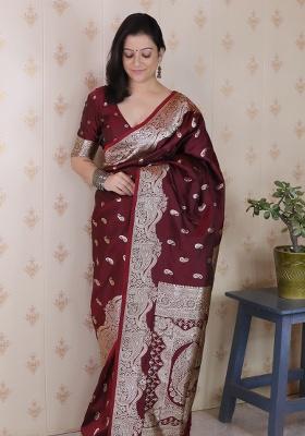 Brown Woven Silk Saree Set