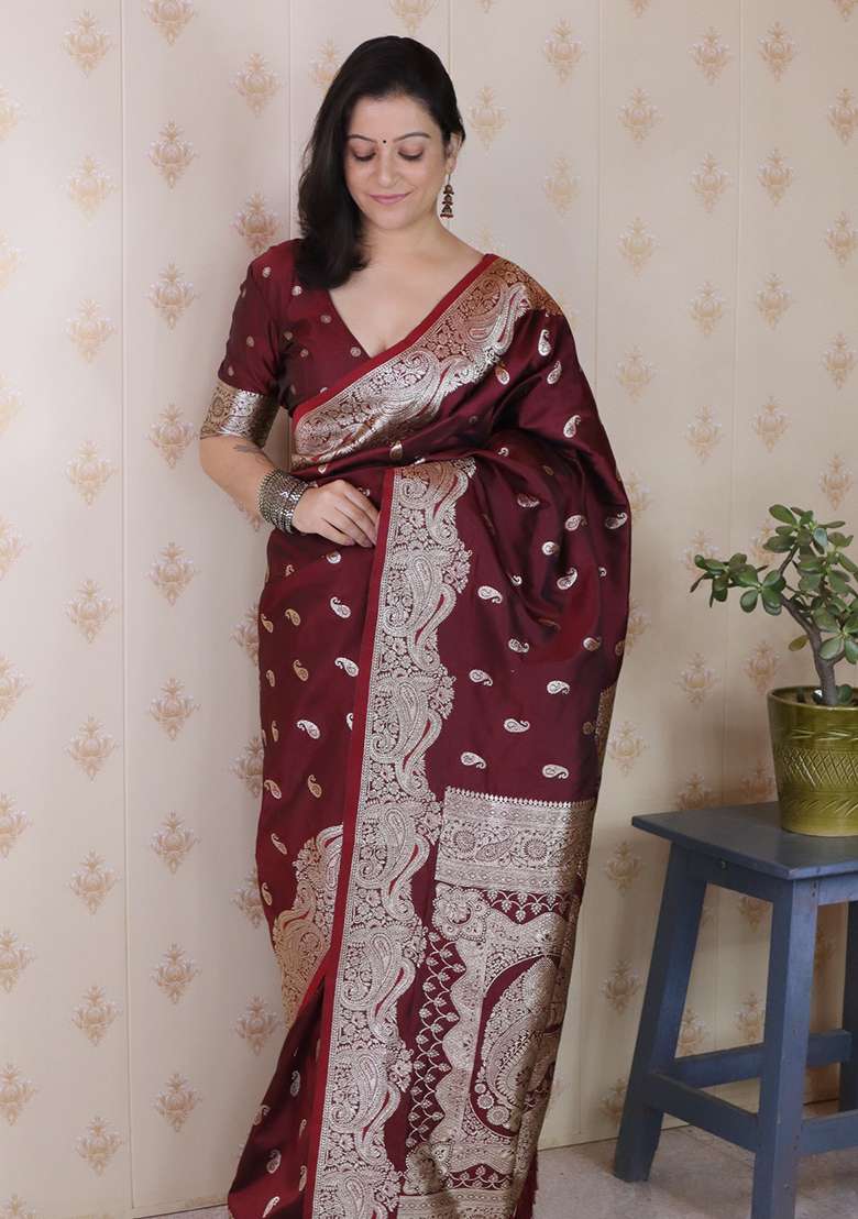 Brown Woven Silk Blend Saree Set for Diwali | Wedding & Festive Wear - Indya
