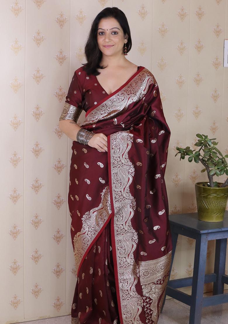 Brown Woven Silk Saree Set - Indya