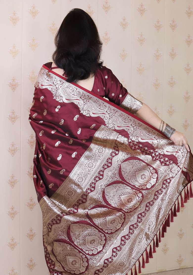Brown Woven Silk Blend Saree Set for Diwali | Wedding & Festive Wear - Indya