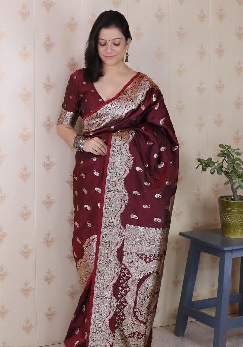 Brown Woven Silk Saree Set