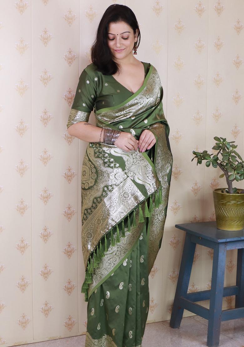 Mehendi Woven Silk Saree Set - Indya