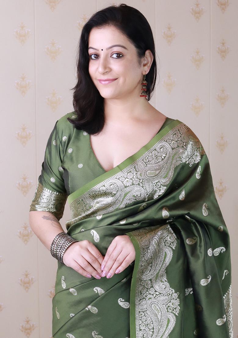 Mehendi Woven Silk Saree Set - Indya