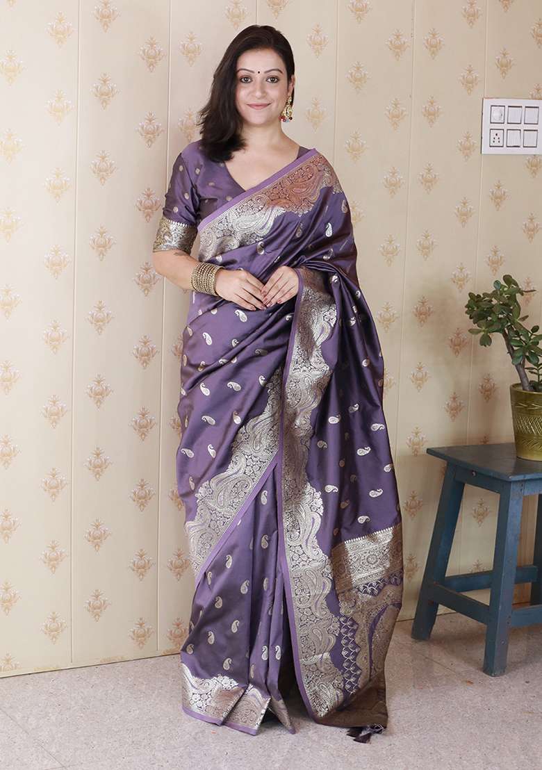 Grey Woven Silk Blend Saree Set for Diwali | Wedding & Festive Wear - Indya