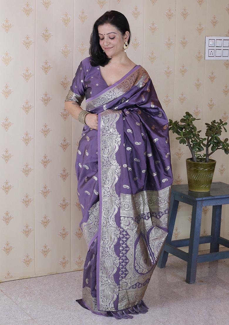 Grey Woven Silk Saree Set - Indya