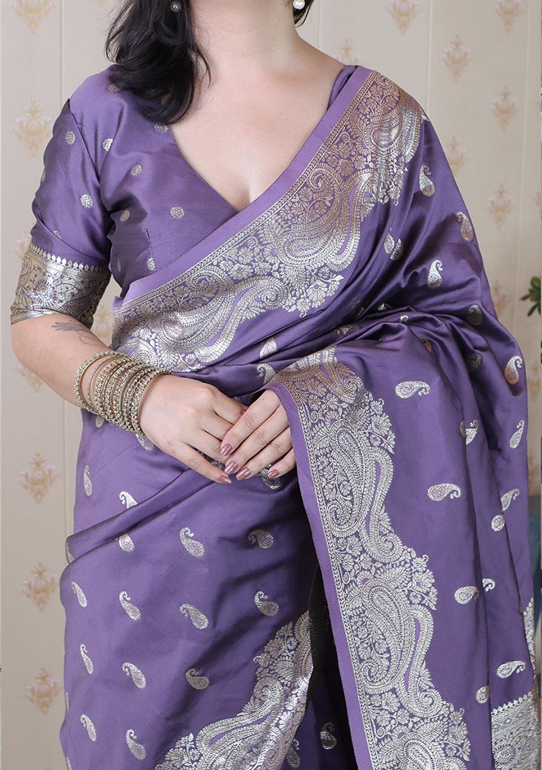 Grey Woven Silk Saree Set - Indya