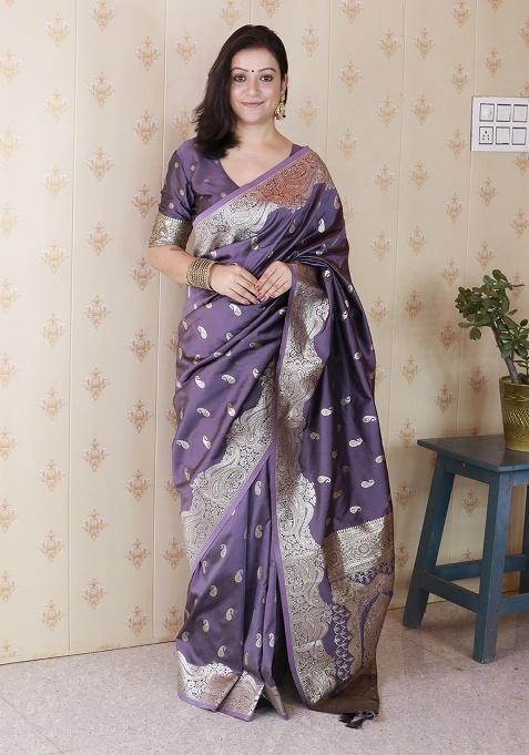 Grey Woven Silk Saree Set