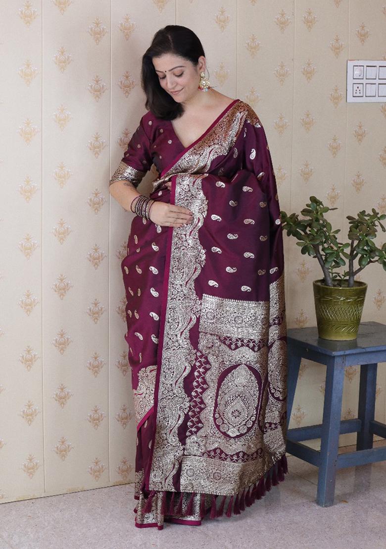 Wine Woven Silk Saree Set - Indya