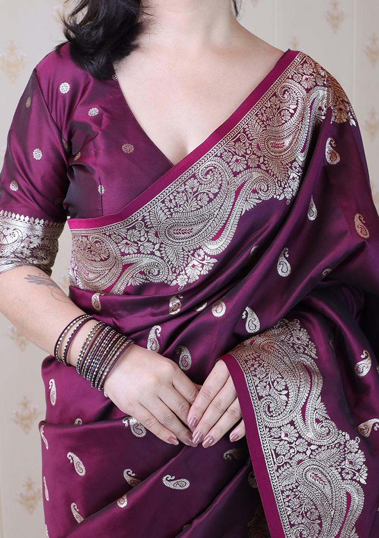 Wine Woven Silk Saree Set - Indya