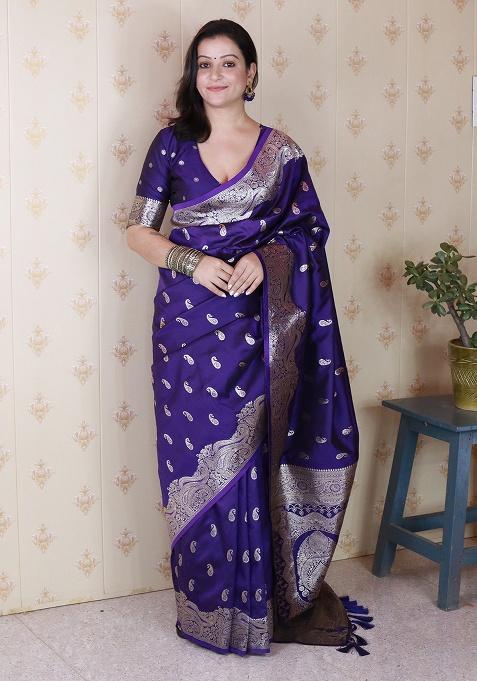 Violet Woven Silk Saree Set