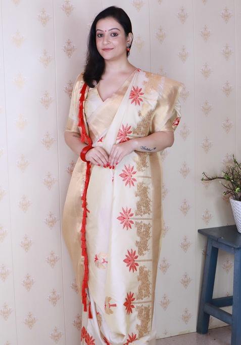 Cream Woven Silk Saree Set
