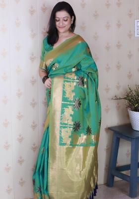 Rama Blue Woven Silk Saree Set