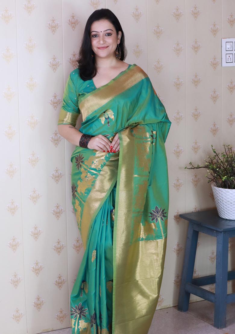 Rama Blue Woven Silk Saree Set - Indya