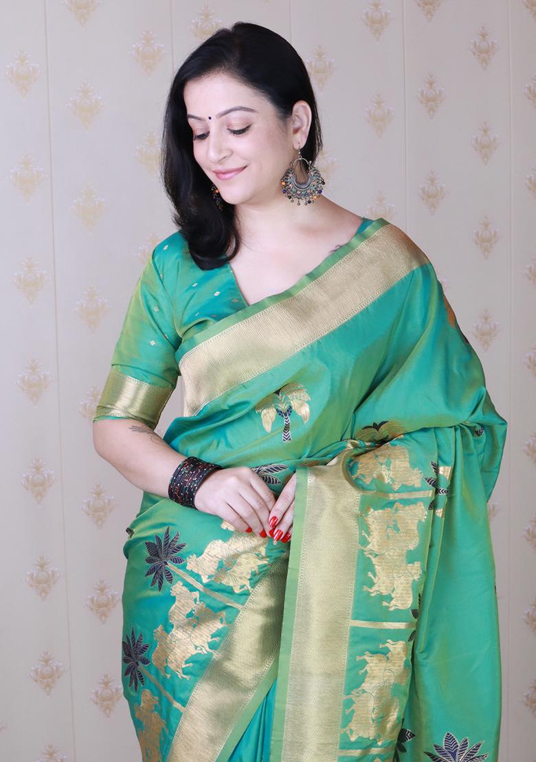 Rama Blue Woven Silk Saree Set - Indya