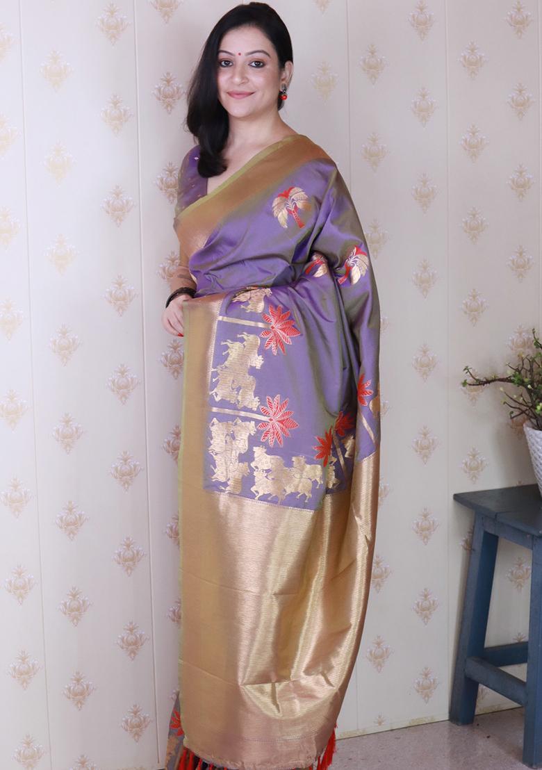 Lavender Woven Silk Saree Set - Indya