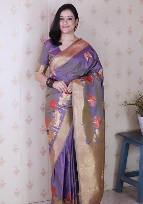 Lavender Woven Silk Saree Set