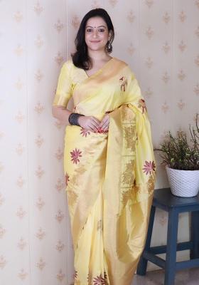 Light Yellow Woven Silk Saree Set