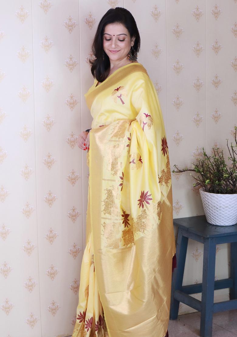 Light Yellow Woven Silk Saree Set - Indya