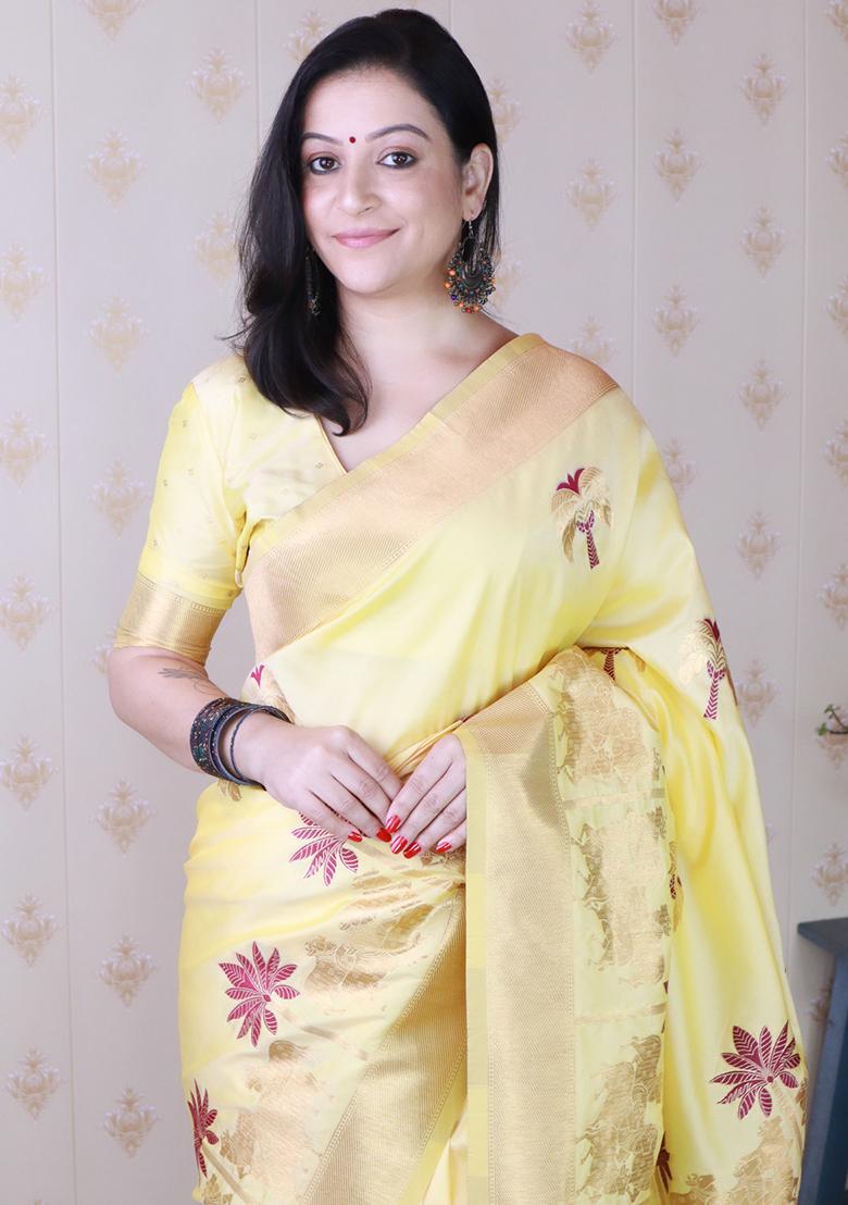 Light Yellow Woven Silk Saree Set - Indya