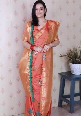 Peach Woven Silk Saree Set