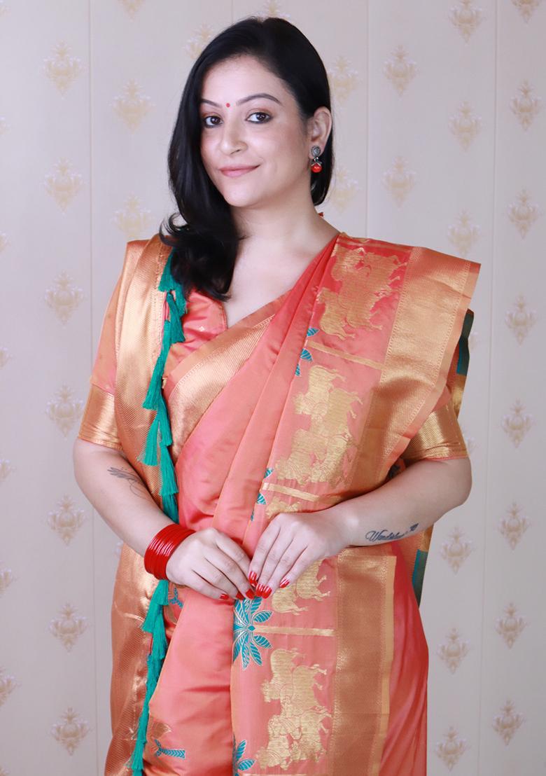 Peach Woven Silk Saree Set - Indya