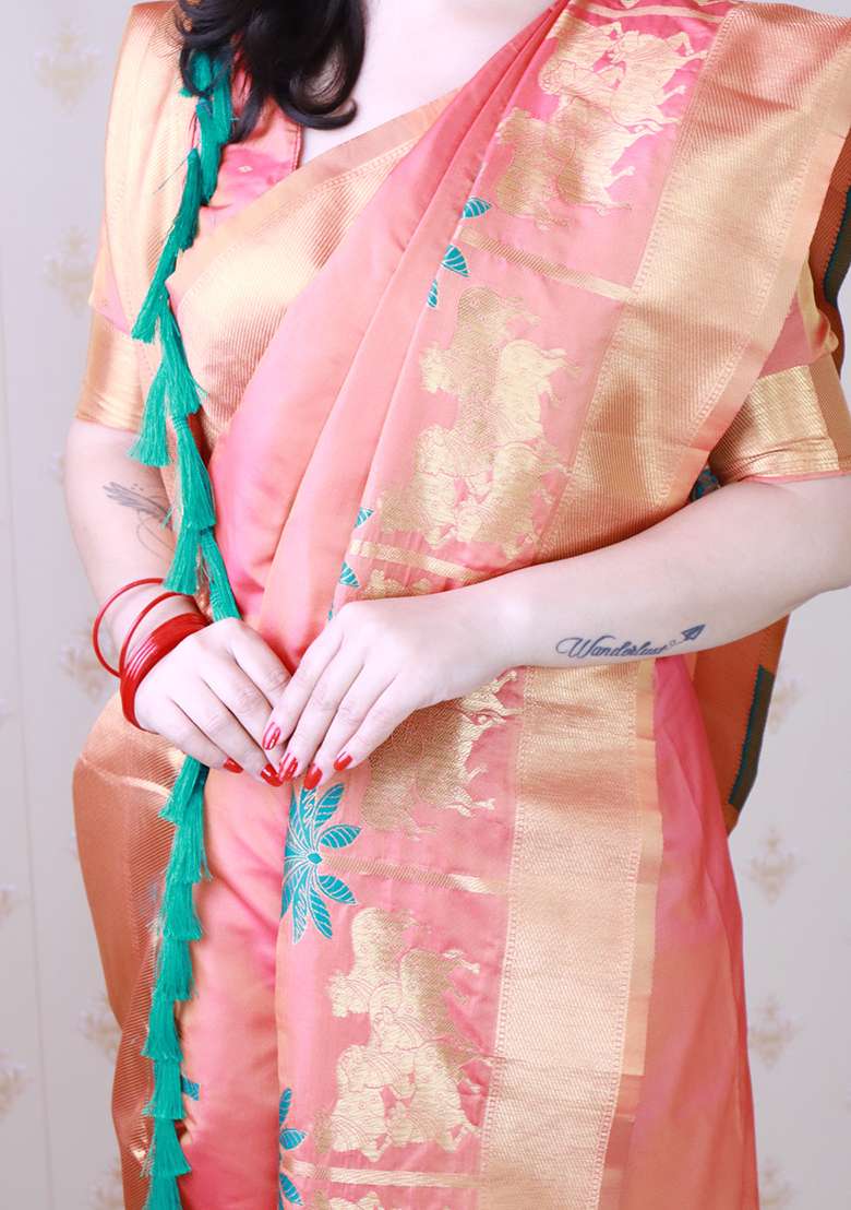 Peach Woven Silk Blend Saree Set for Diwali | Wedding & Festive Wear - Indya