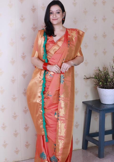 Peach Woven Silk Saree Set