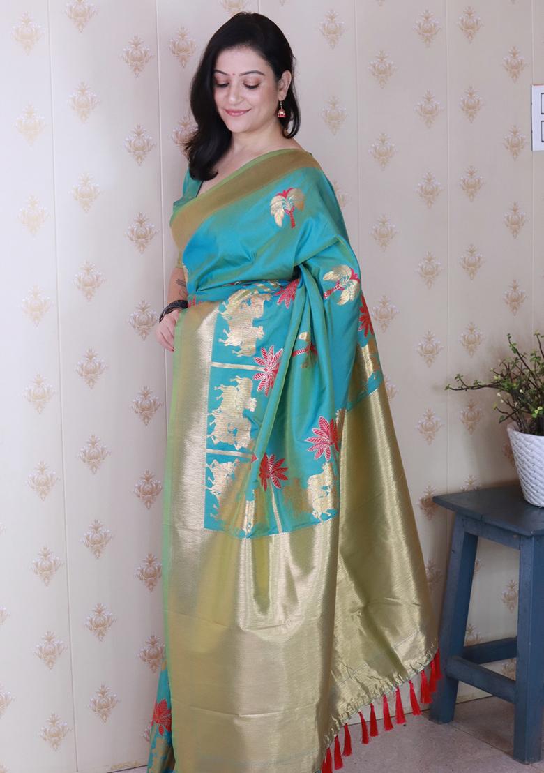 Sky Blue Woven Silk Saree Set - Indya