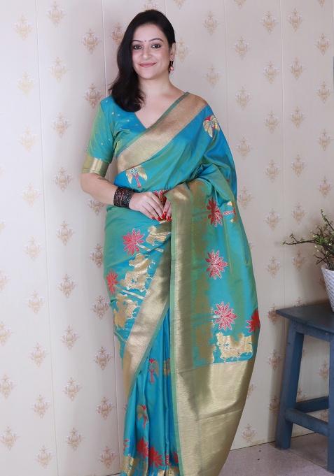 Sky Blue Woven Silk Saree Set
