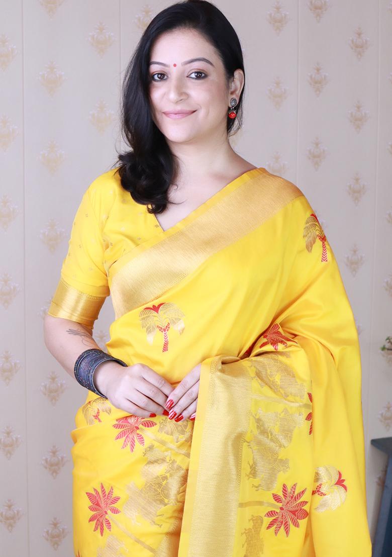 Mustard Woven Silk Saree Set - Indya