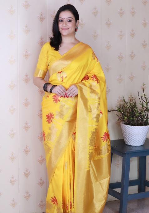 Mustard Woven Silk Saree Set