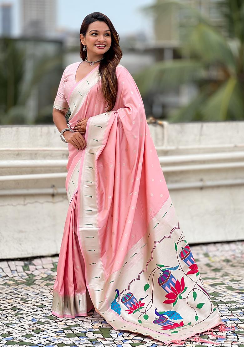 Baby Pink Woven Silk Saree Set - Indya