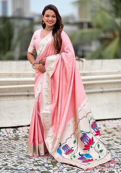 Baby Pink Woven Silk Saree Set