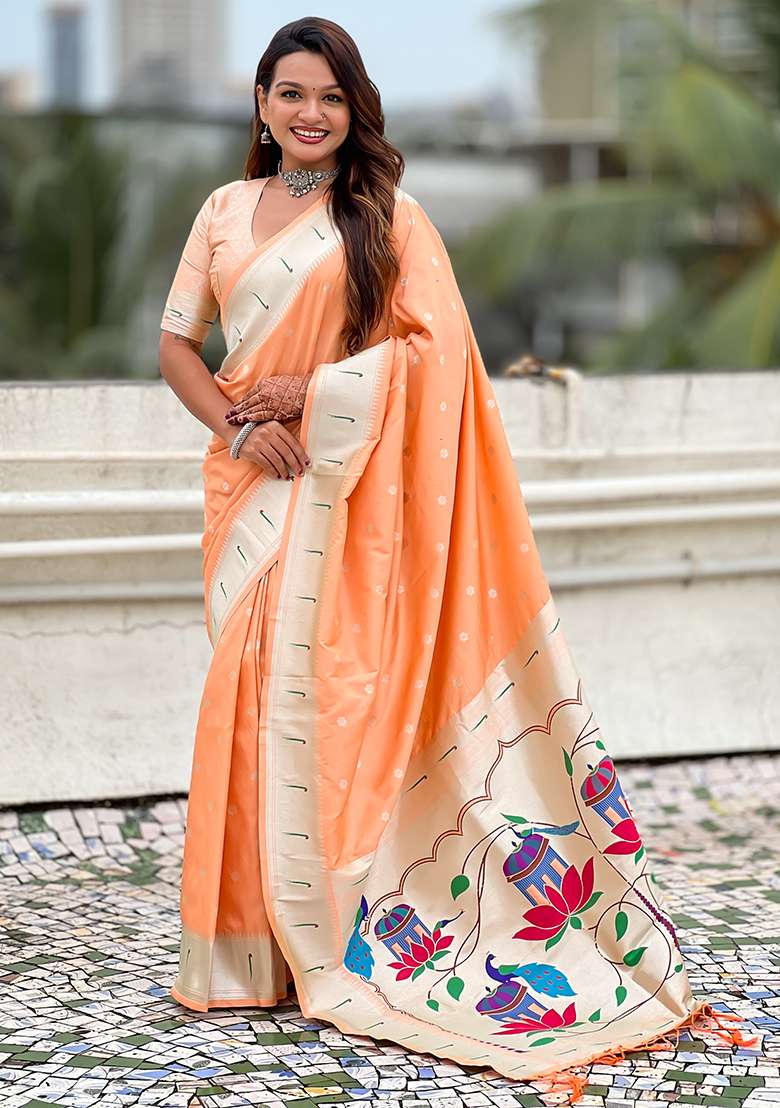 Peach Woven Silk Blend Saree Set for Diwali | Wedding & Festive Wear - Indya