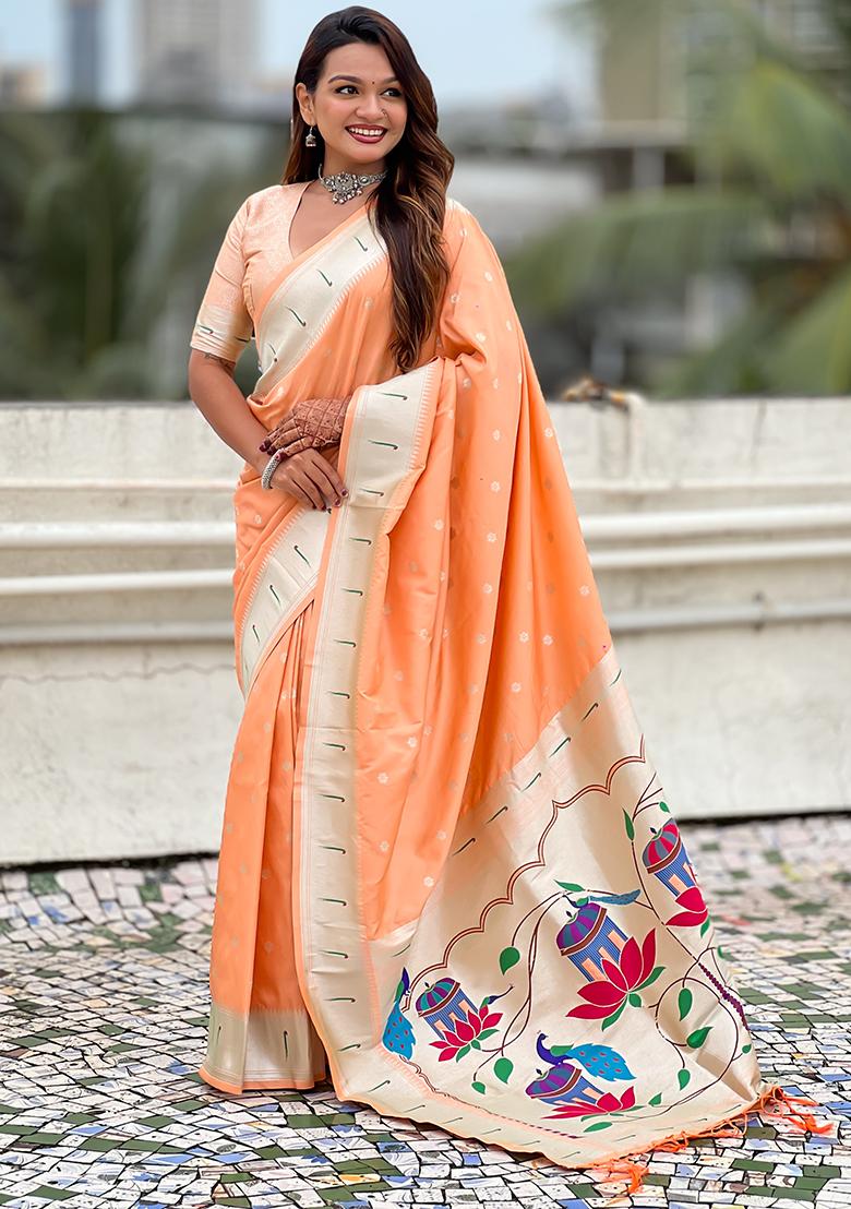 Peach Woven Silk Saree Set - Indya