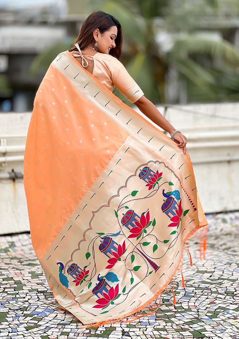 Peach Woven Silk Blend Saree Set for Diwali | Wedding & Festive Wear - Indya