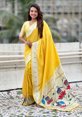Yellow Woven Silk Saree Set