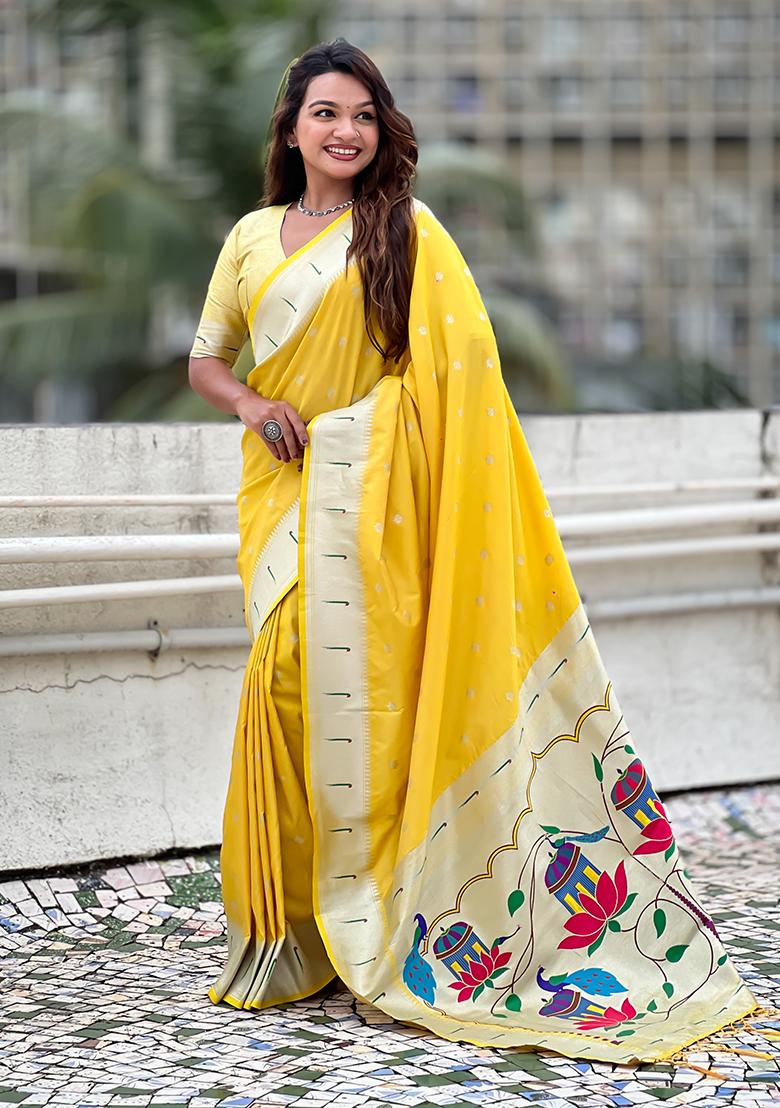 Yellow Woven Silk Saree Set - Indya