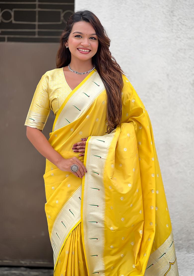 Yellow Woven Silk Saree Set - Indya