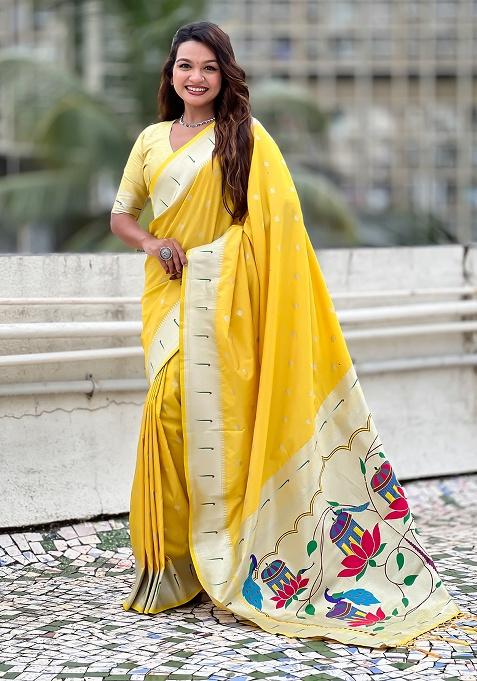 Yellow Woven Silk Saree Set