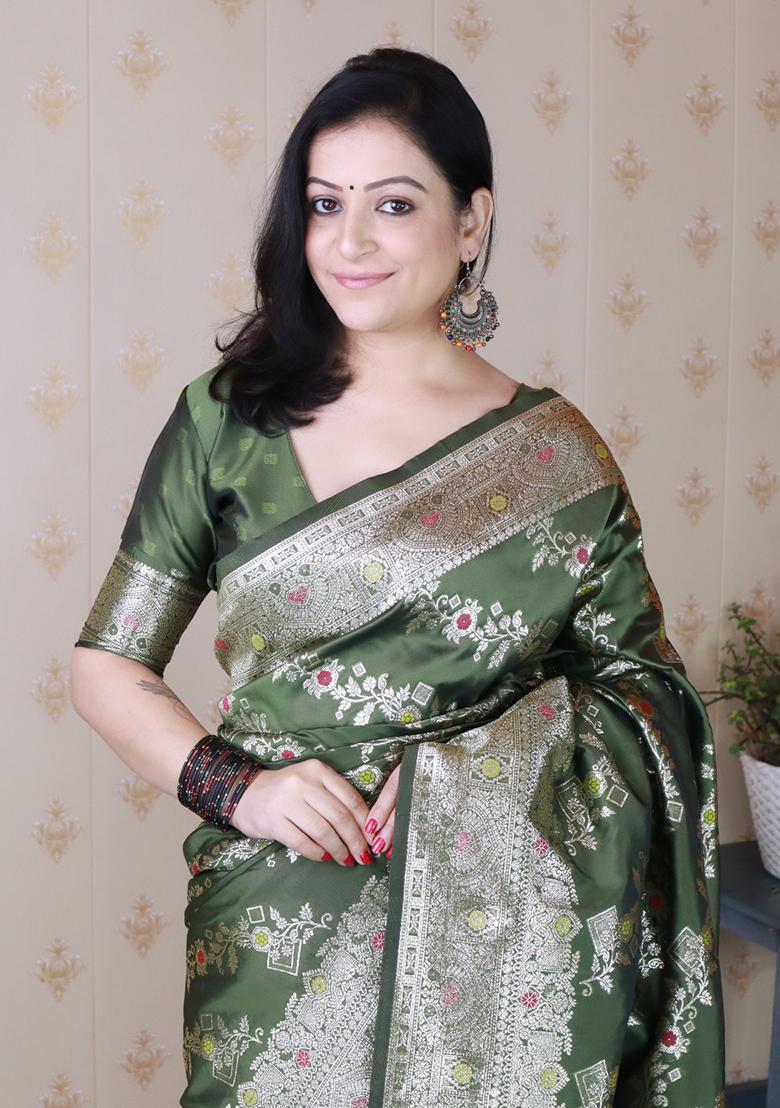 Mehendi Woven Silk Saree Set - Indya