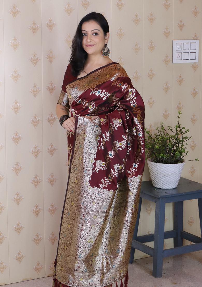 Maroon Woven Silk Saree Set - Indya