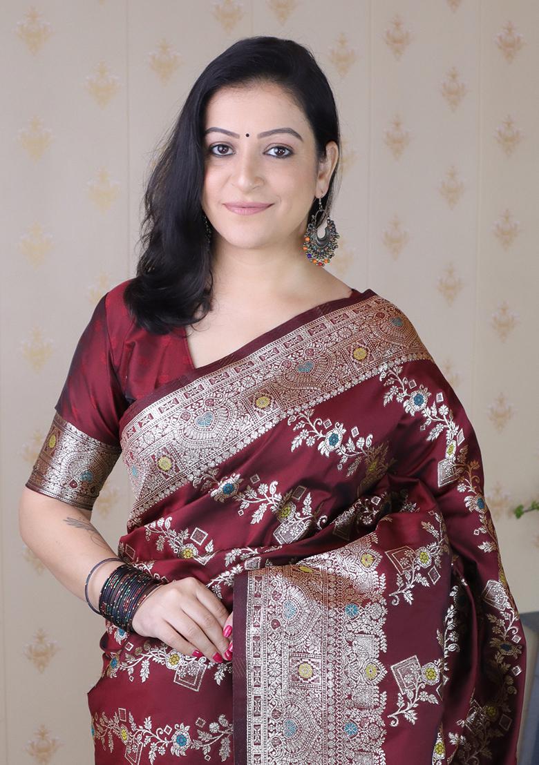 Maroon Woven Silk Saree Set - Indya