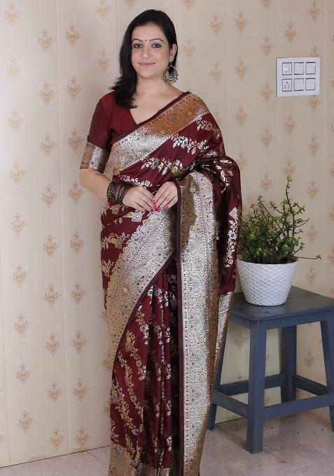 Maroon Woven Silk Saree Set