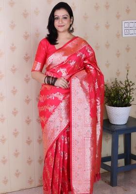 Pink Woven Silk Saree Set