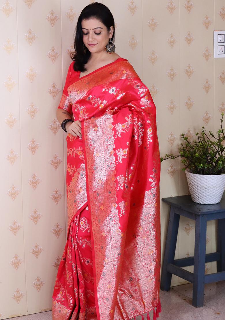 Pink Woven Silk Saree Set - Indya