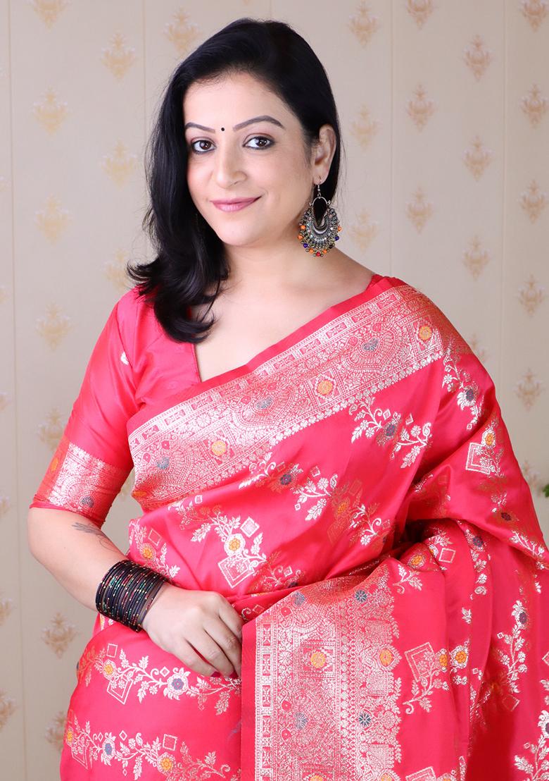 Pink Woven Silk Saree Set - Indya